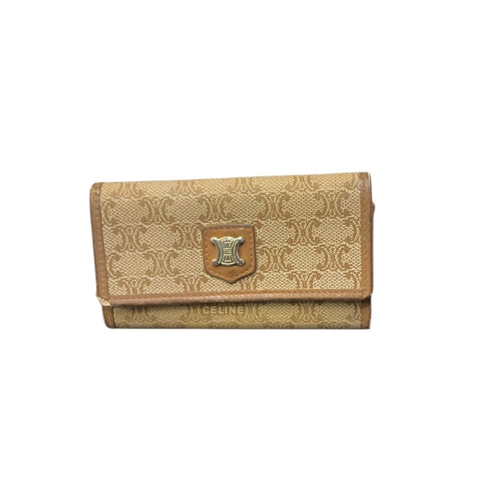 Celine Vintage Macadam Triomphe Key Holder Wallet Tan Brown Coated Canvas Italy‎